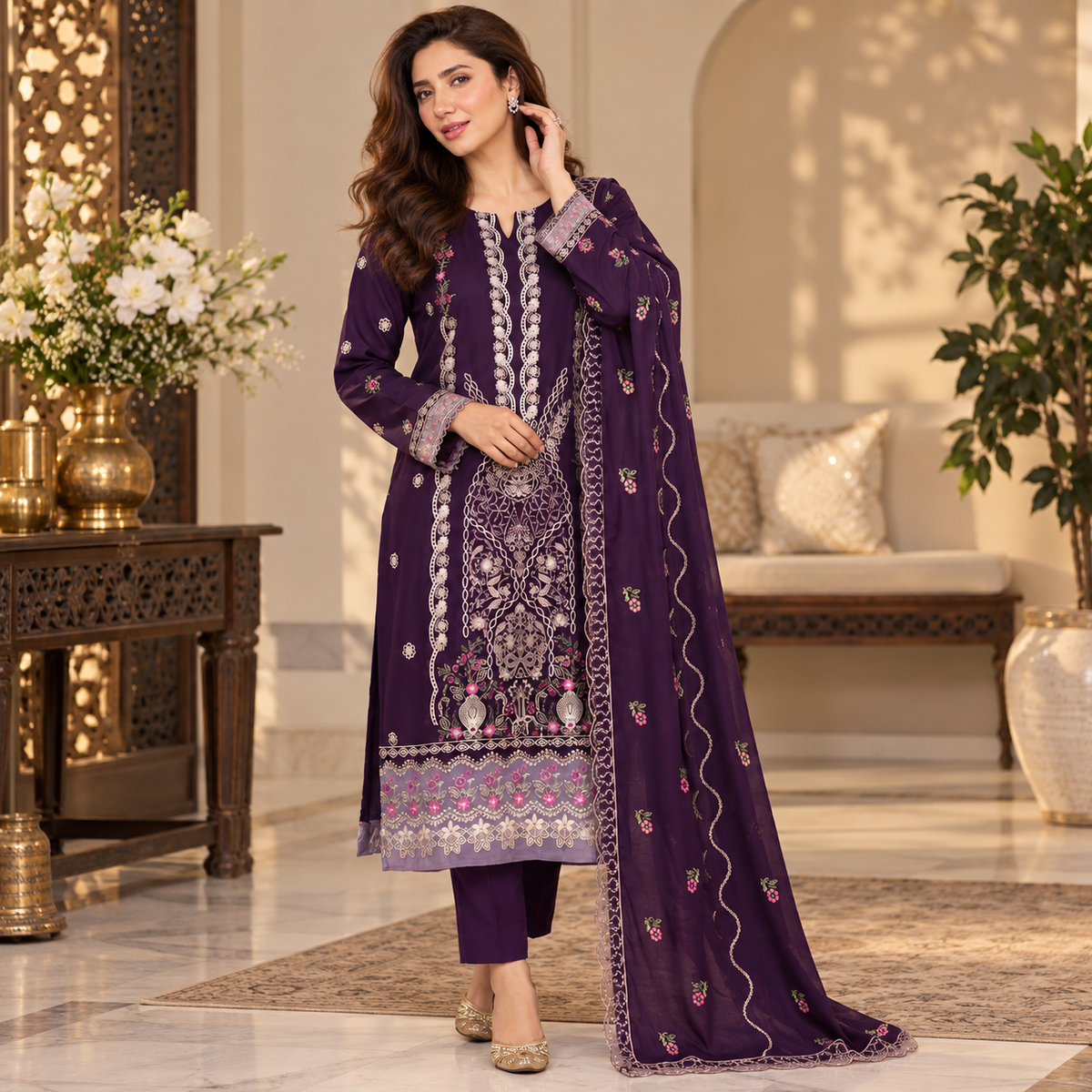 Unstitched Motifz Dhanak 3-Piece Suit, Design