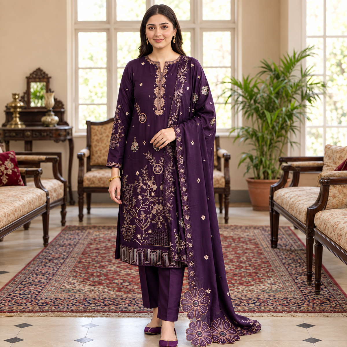 Unstitched Dhanak Heavy Embroidry 3 piece Suit