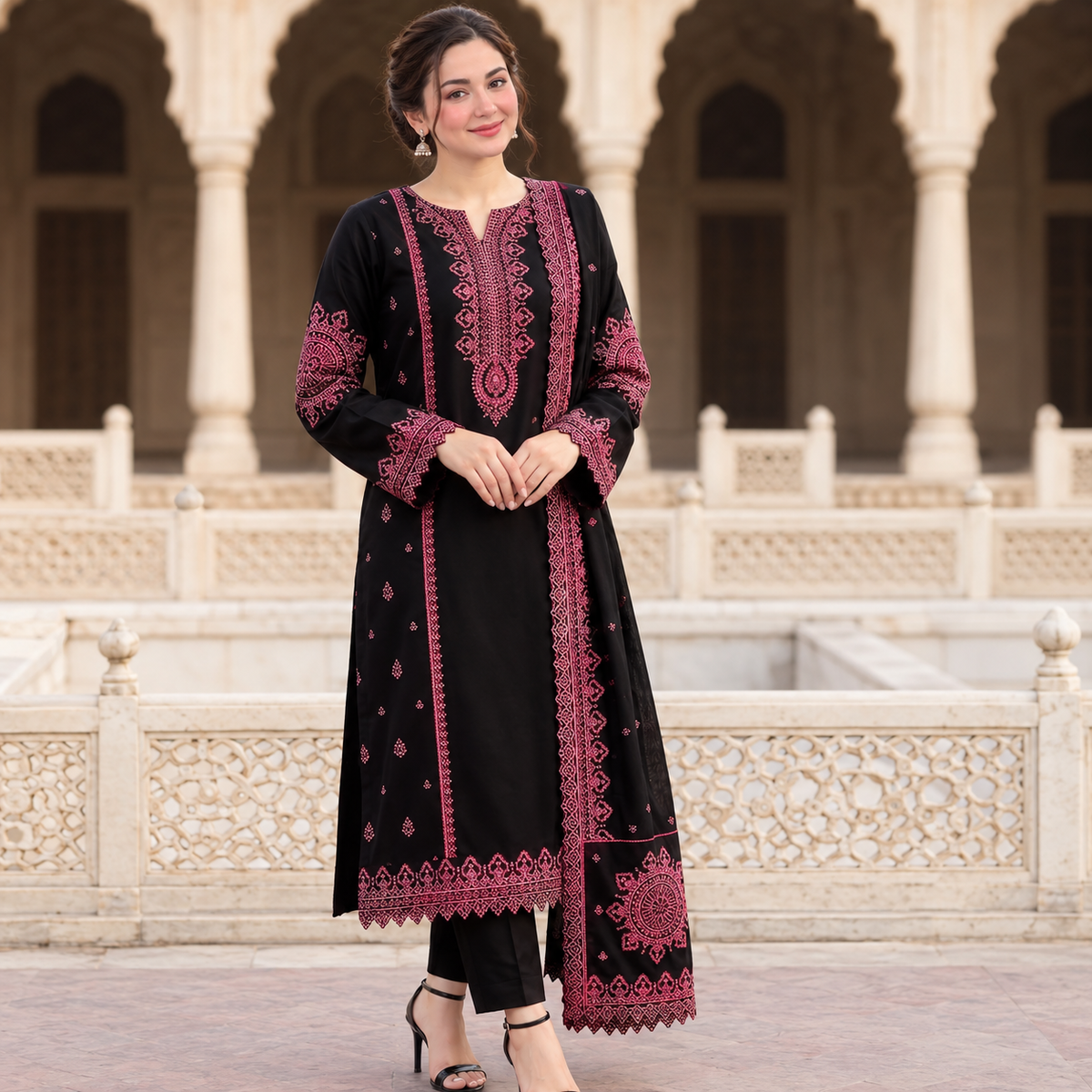 Unstitched Dhanak Heavy Emb 3 piece suit