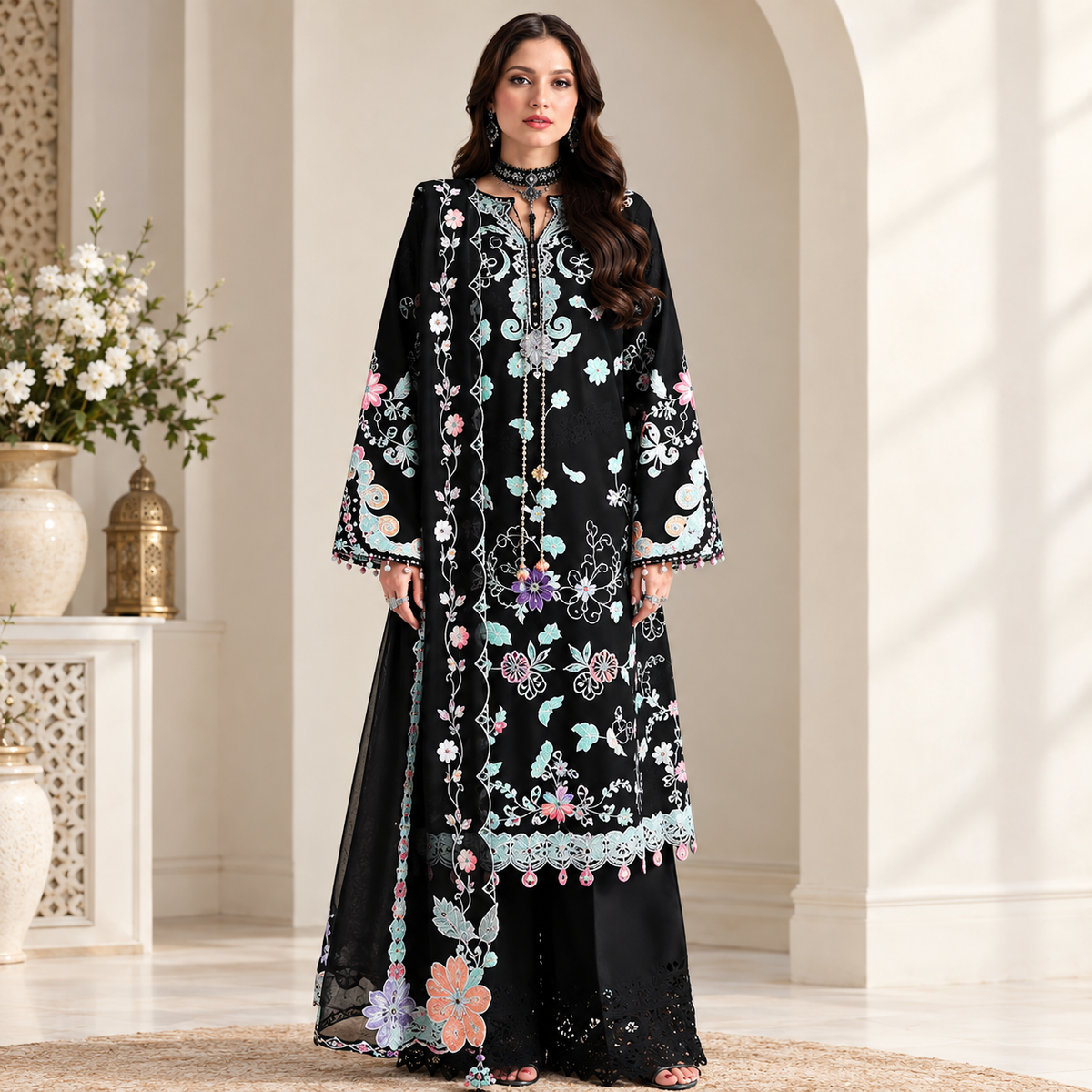 Unstitched Black Heavy Embroidered suit 3 piece