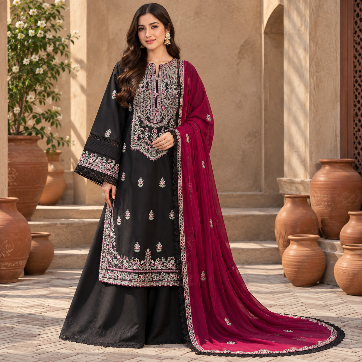 Unstitched Black & Magenta Embroidered Pakistani Suit