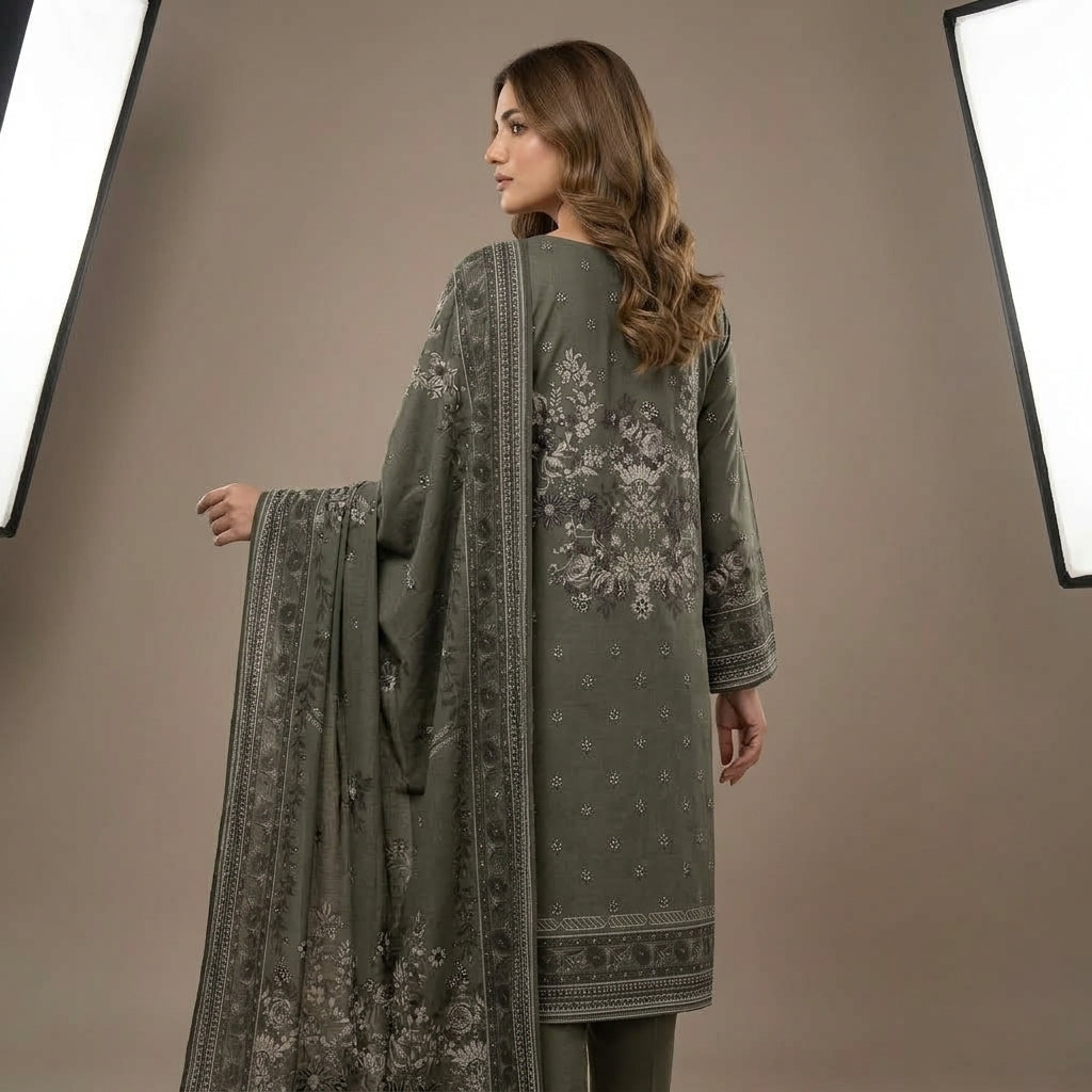 Unstitched Olive Printed Linen 3-Piece Suit
