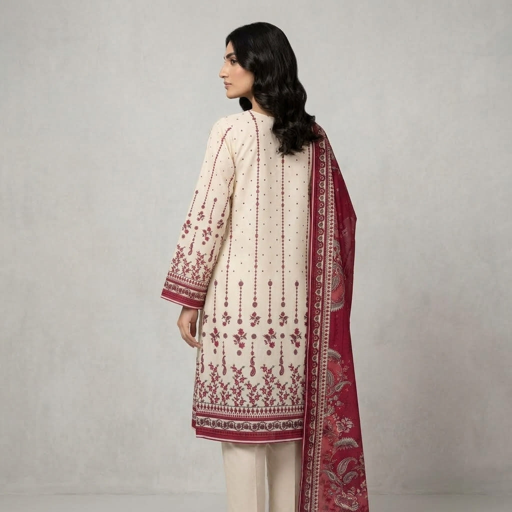 Unstitched Elegant Cream & Maroon Printed 3-Piece Suit