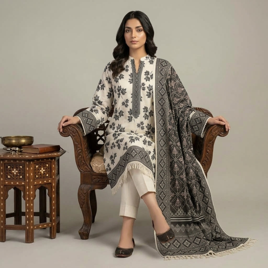 Unstitched Black & White Printed Lawn 3 Piece Unstitched Suit