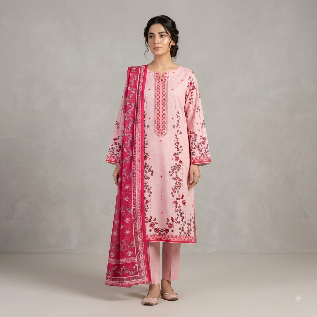 Unstitched Elegant Pink Printed 3-Piece Suit with Matching Dupatta
