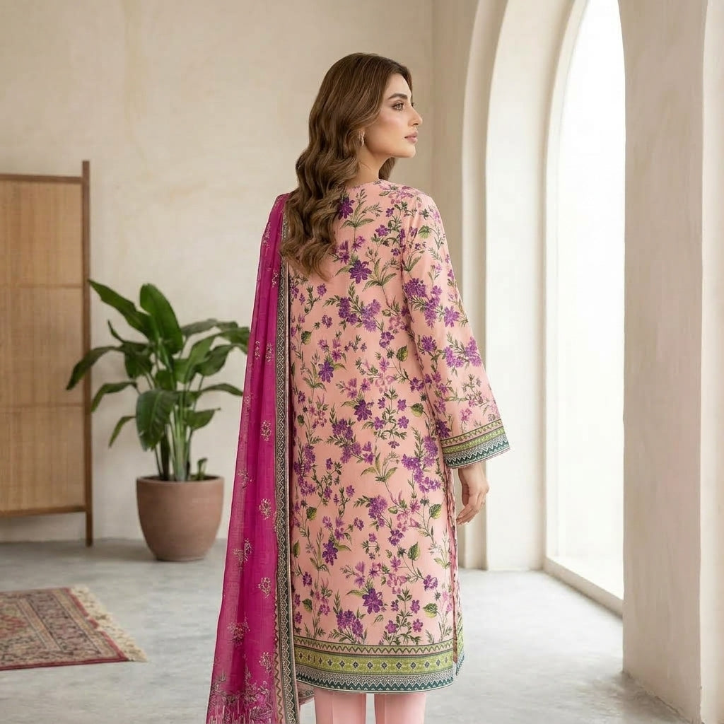 Unstitched Pink Floral Digital Printed Lawn 3 Piece Unstitched Suit