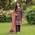 Unstitched Printed Linen 3-Piece Suit – Chocolate Brown & Peach
