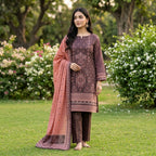 Unstitched Printed Linen 3-Piece Suit – Chocolate Brown & Peach