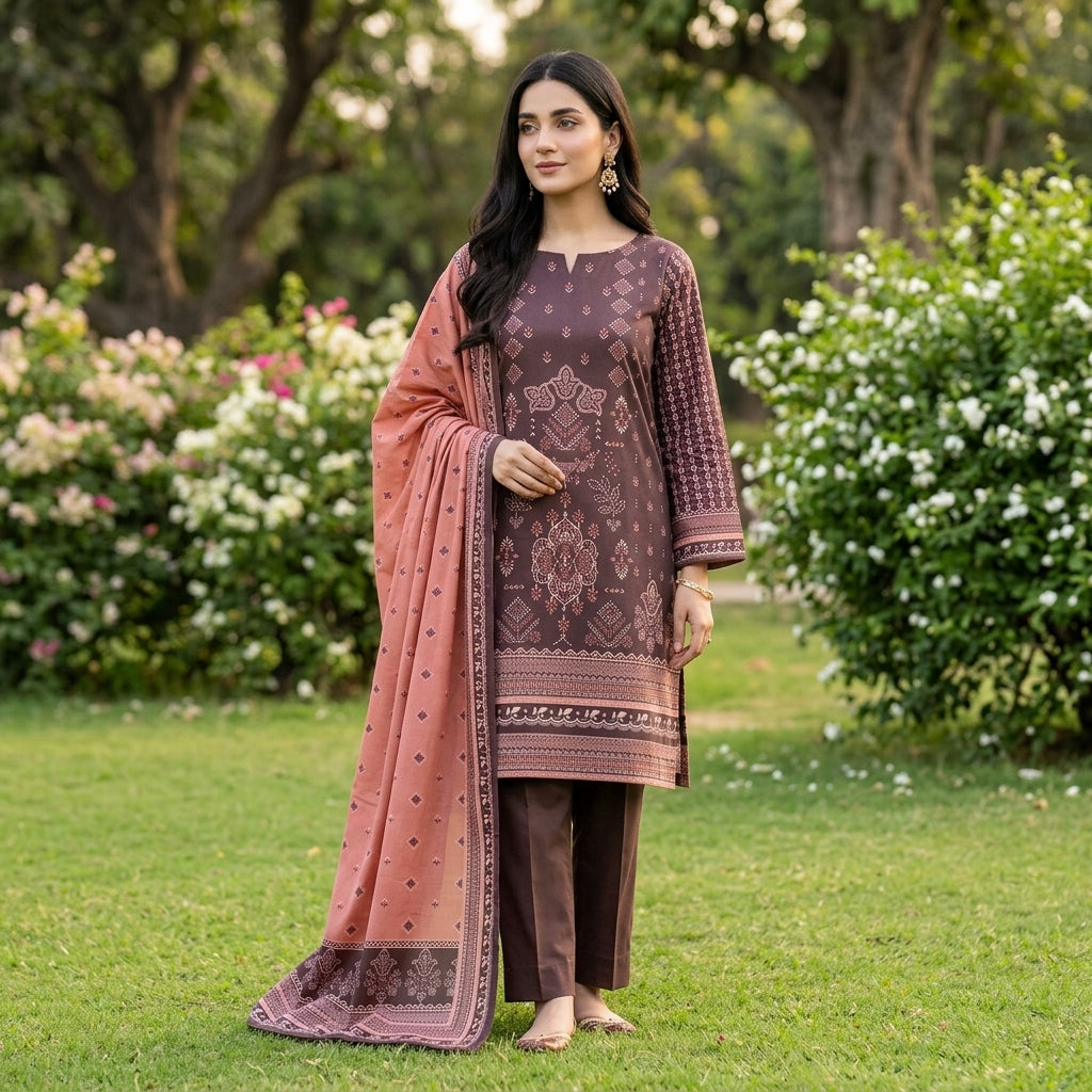Unstitched Printed Linen 3-Piece Suit – Chocolate Brown & Peach