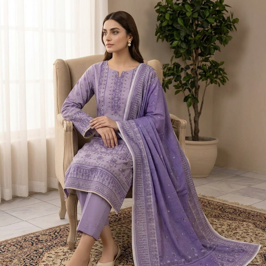 Unstitched Lavender Printed Linen 3-Piece Suit