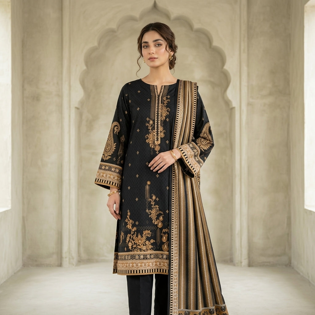 Unstitched Black & Gold Digital Printed Lawn Suit