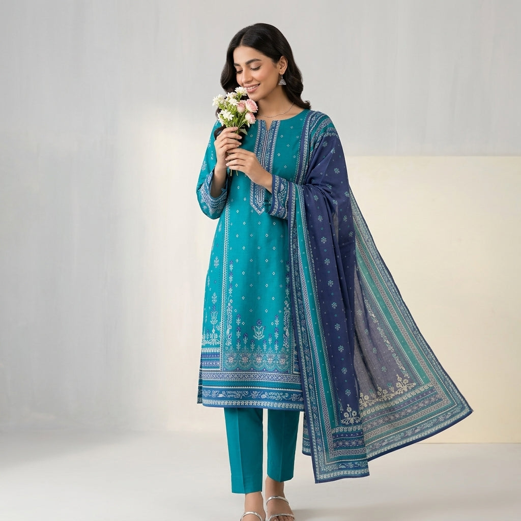 Unstitched Teal Blue Printed Linen 3-Piece Suit
