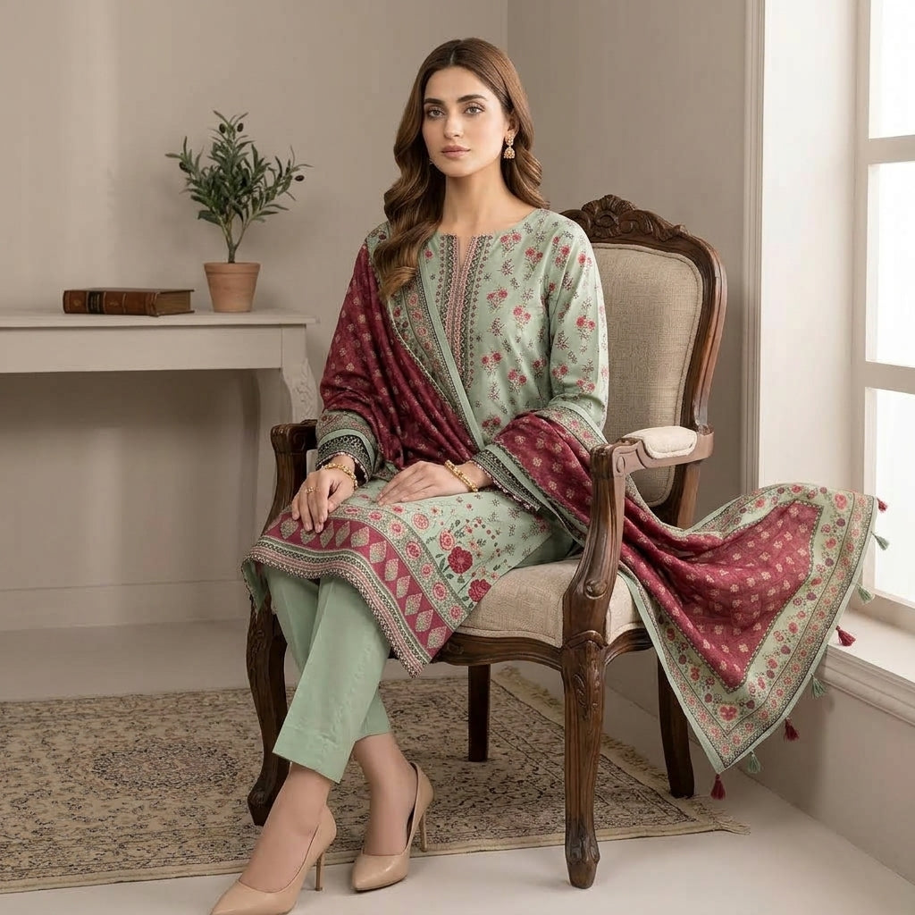 Unstitched Mint Green Floral Printed Linen 3-Piece