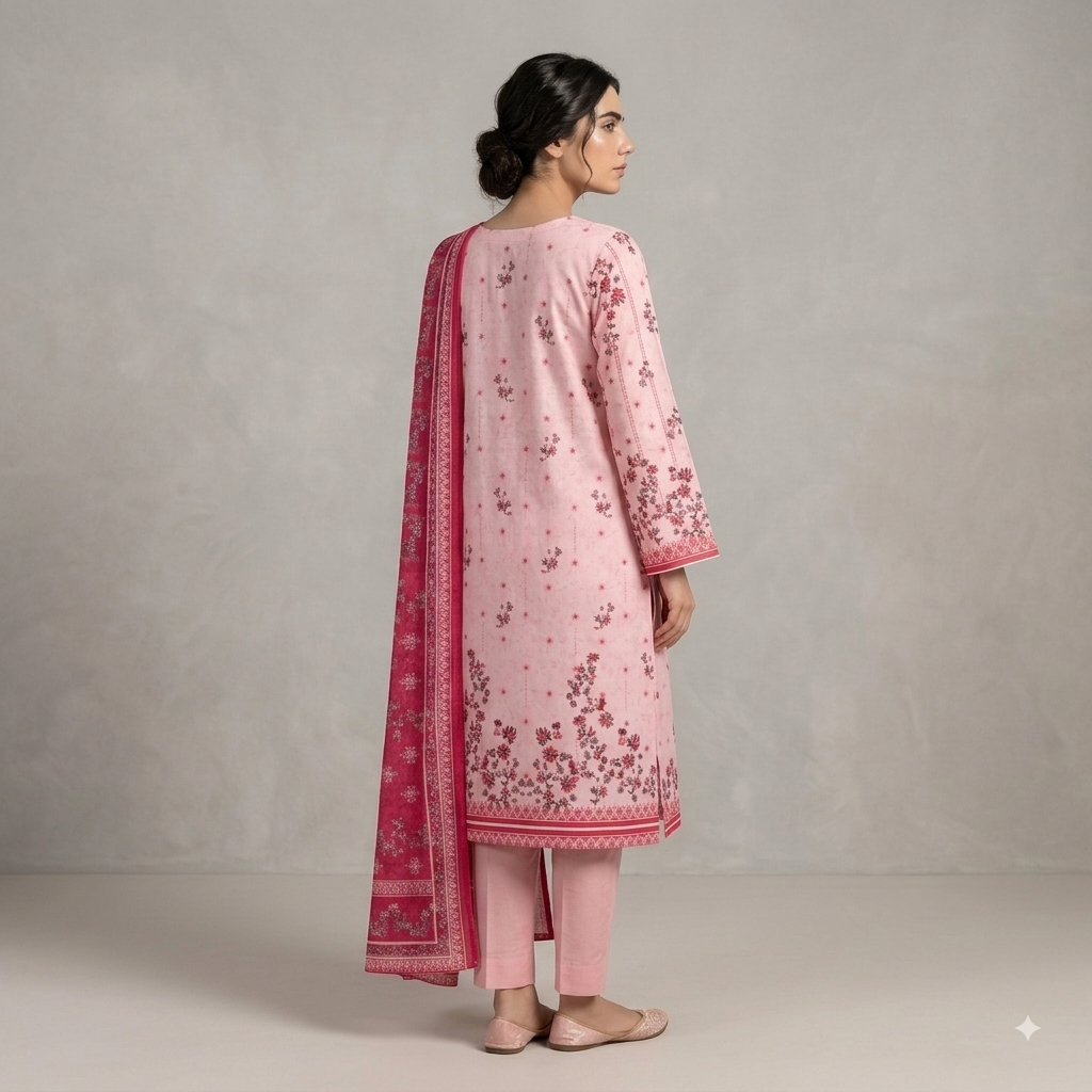 Unstitched Elegant Pink Printed 3-Piece Suit with Matching Dupatta