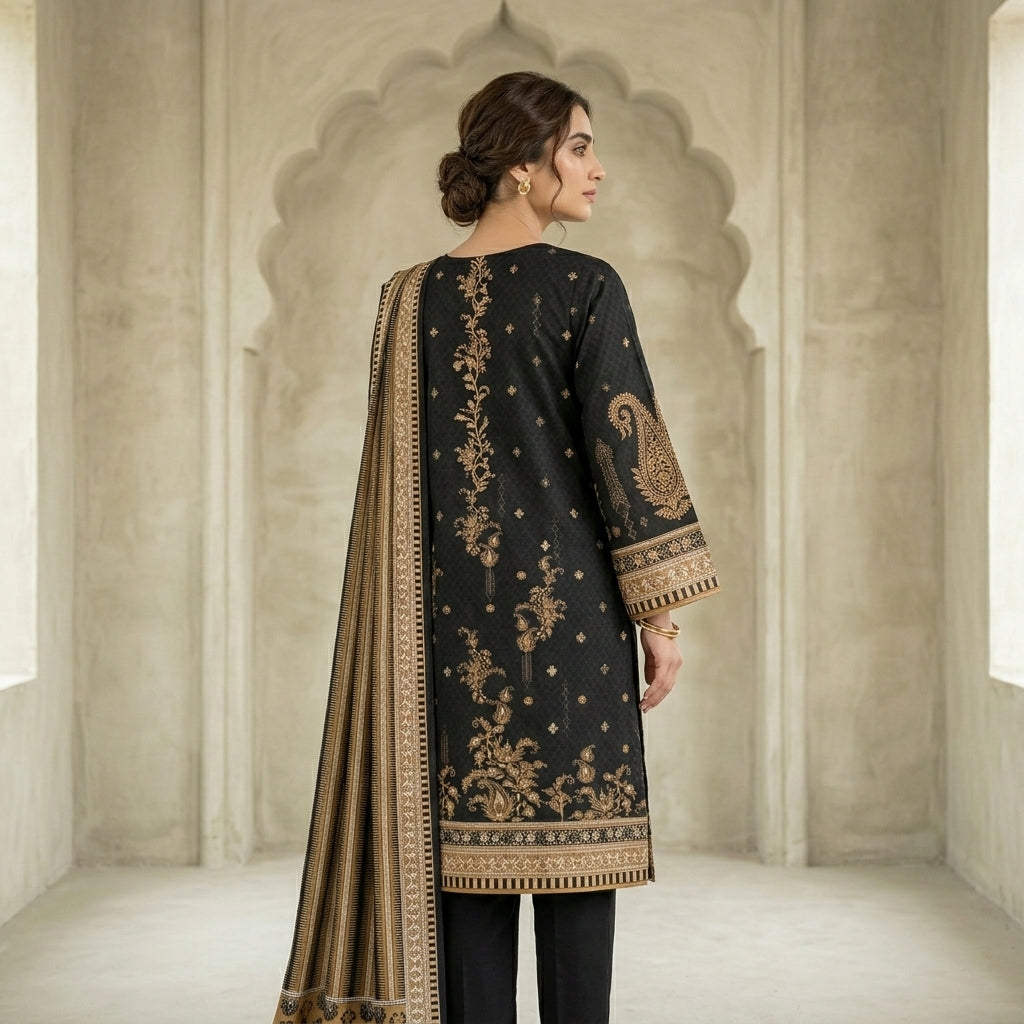 Unstitched Black & Gold Digital Printed Lawn Suit