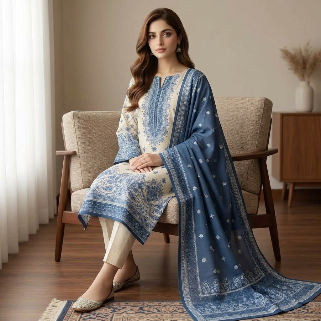 Unstitched Cream & Slate Blue Printed Linen 3-Piece Suit