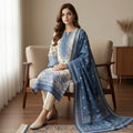 Unstitched Cream & Slate Blue Printed Linen 3-Piece Suit