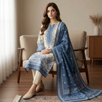 Unstitched Cream & Slate Blue Printed Linen 3-Piece Suit