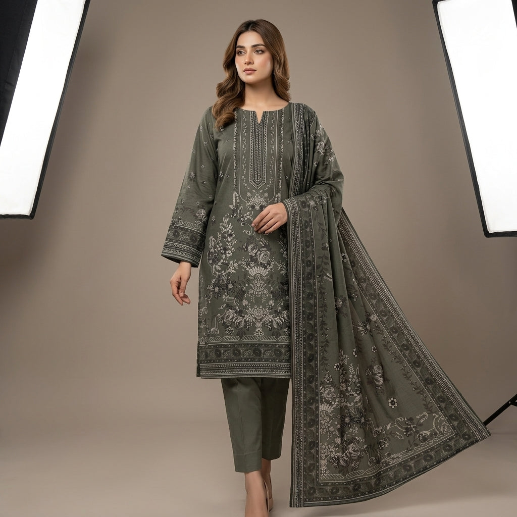 Unstitched Olive Printed Linen 3-Piece Suit