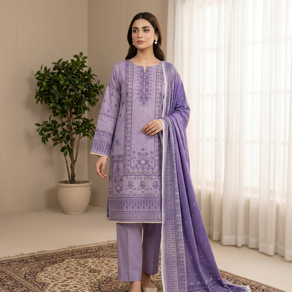 Unstitched Lavender Printed Linen 3-Piece Suit