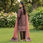 Unstitched Printed Linen 3-Piece Suit – Chocolate Brown & Peach