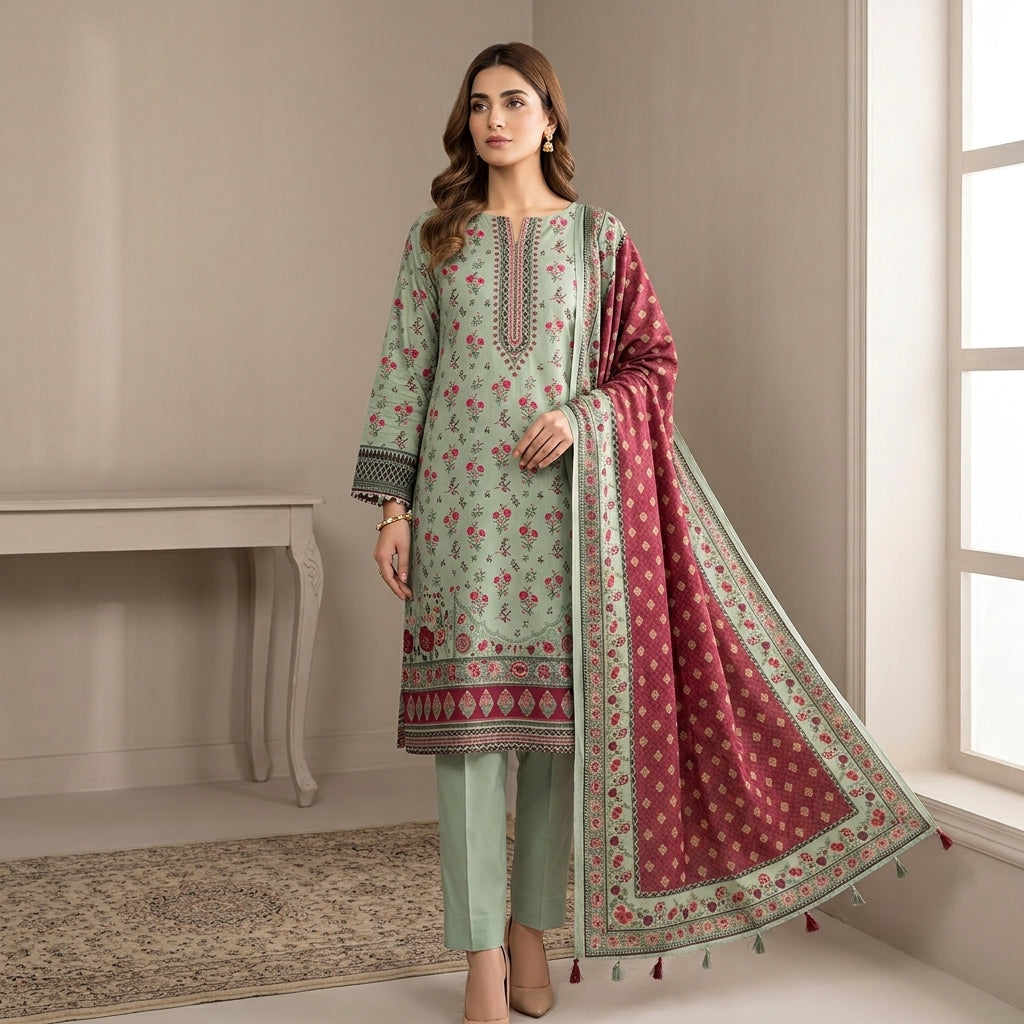 Unstitched Mint Green Floral Printed Linen 3-Piece