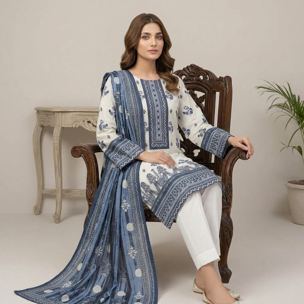 Unstitched Premium Blue &amp; White Printed Lawn 3 Piece Unstitched Suit