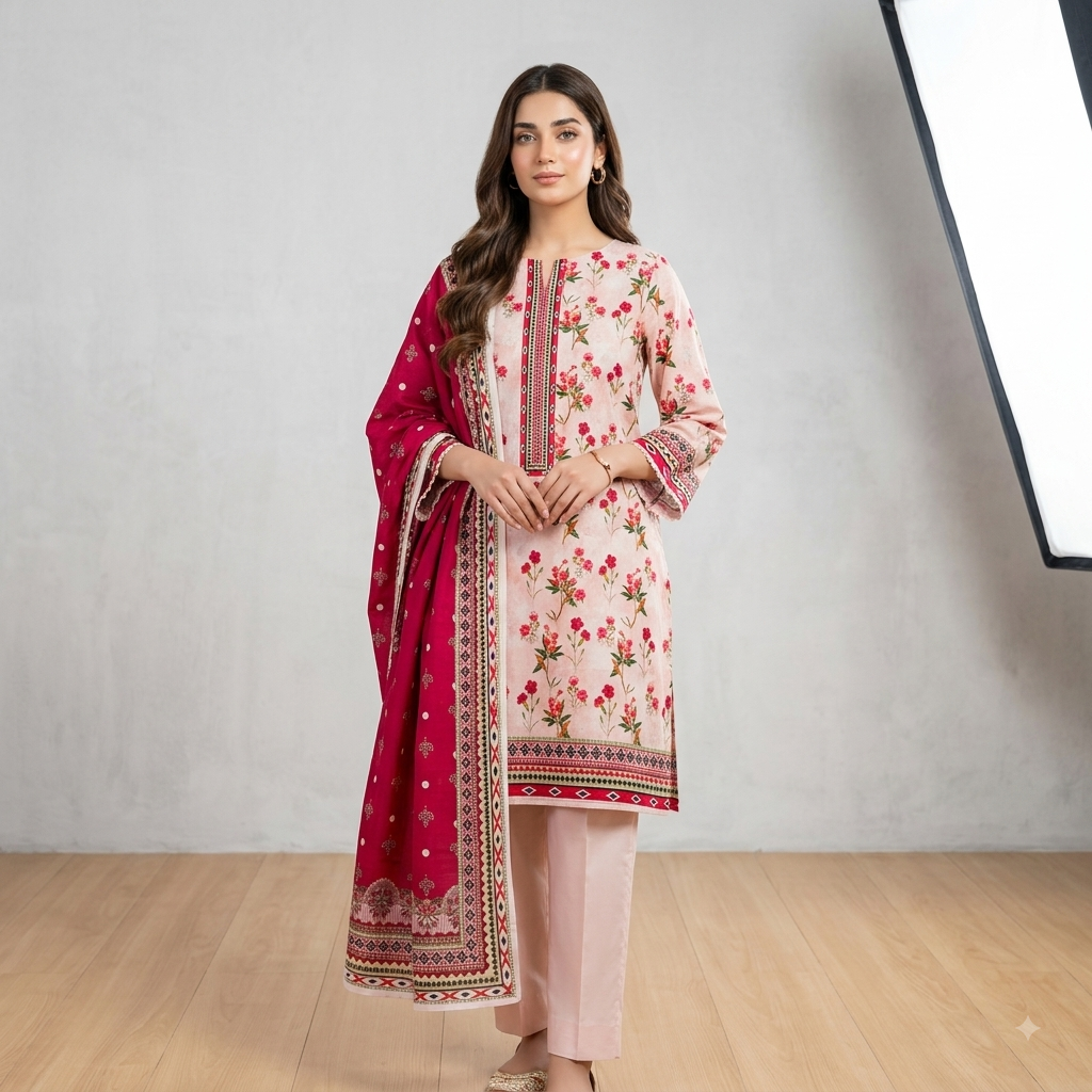 Unstitched Pink Floral Printed Lawn 3 Piece Unstitched Suit