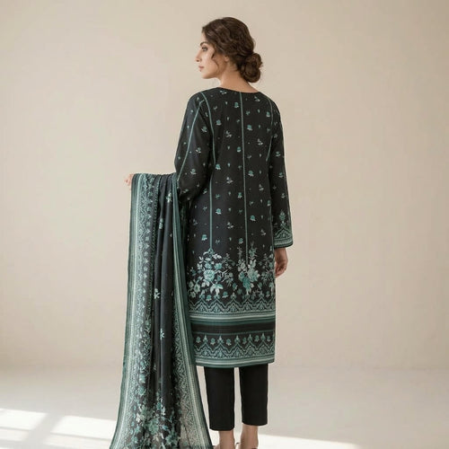 Unstitched Charcoal Black Printed Linen 3-Piece Suit