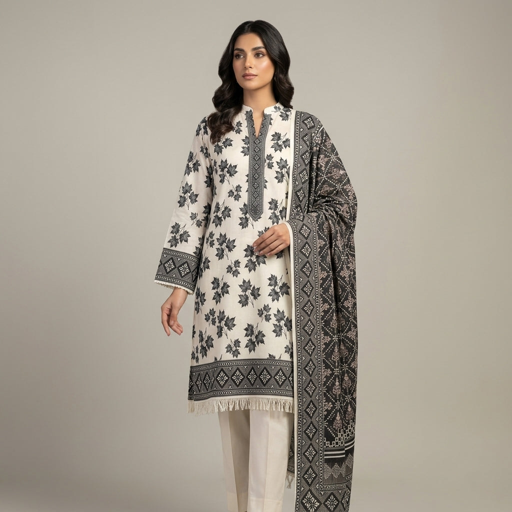 Unstitched Black & White Printed Lawn 3 Piece Unstitched Suit