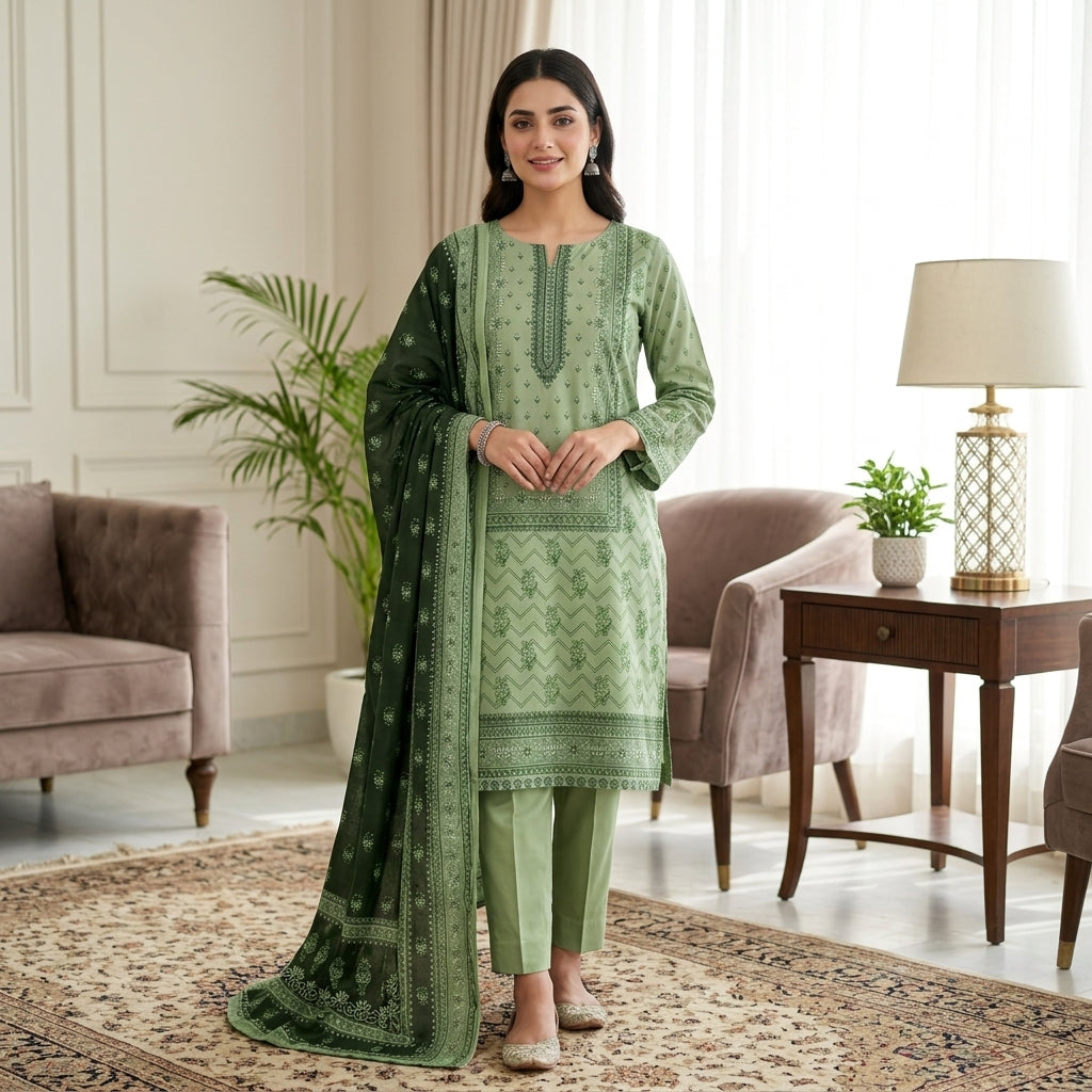 Unstitched Pistachio Green Printed Linen 3-Piece Suit