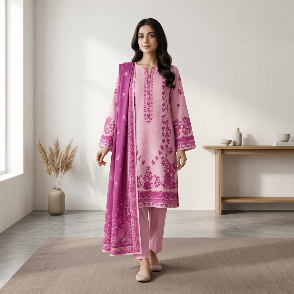 Unstitched Soft Pink Printed Linen 3-Piece Suit