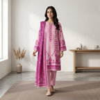 Unstitched Soft Pink Printed Linen 3-Piece Suit