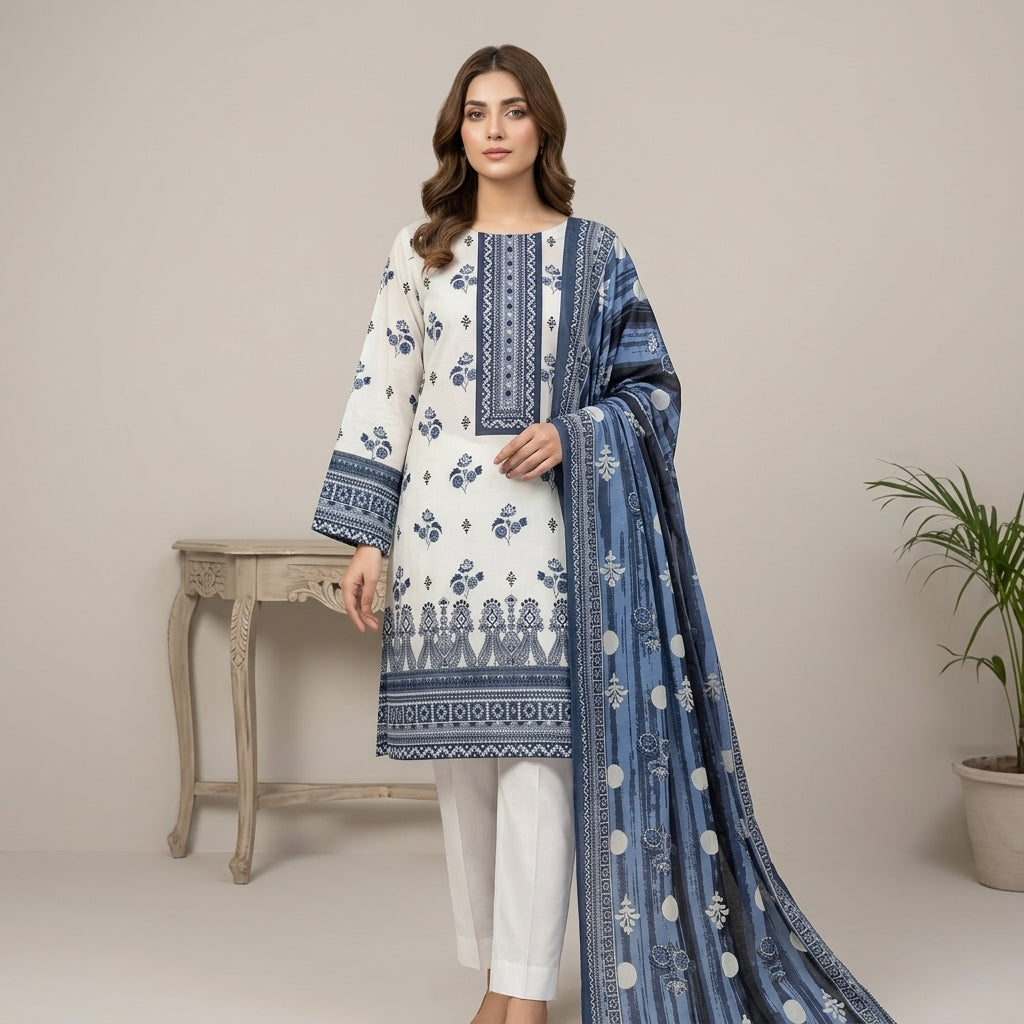 Unstitched Premium Blue &amp; White Printed Lawn 3 Piece Unstitched Suit