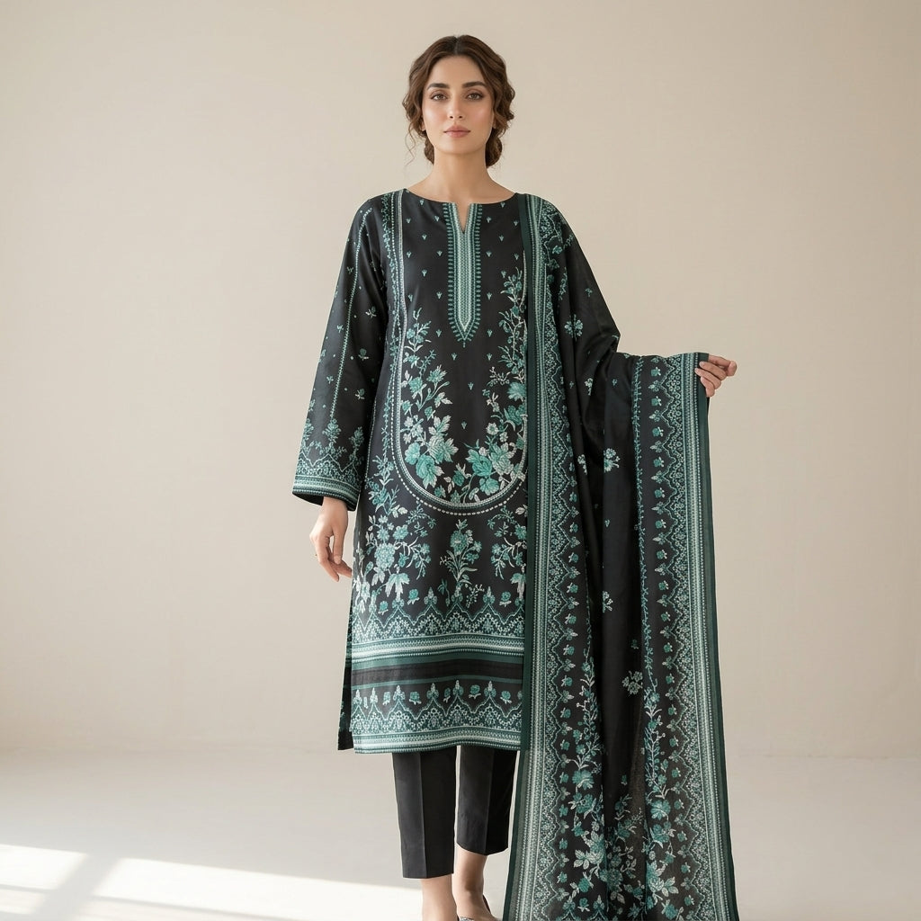 Unstitched Charcoal Black Printed Linen 3-Piece Suit