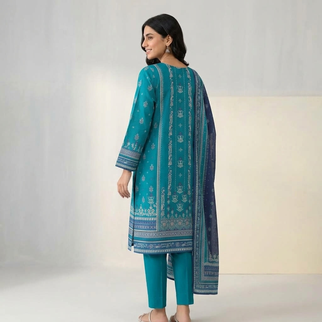 Unstitched Teal Blue Printed Linen 3-Piece Suit