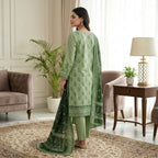 Unstitched Pistachio Green Printed Linen 3-Piece Suit