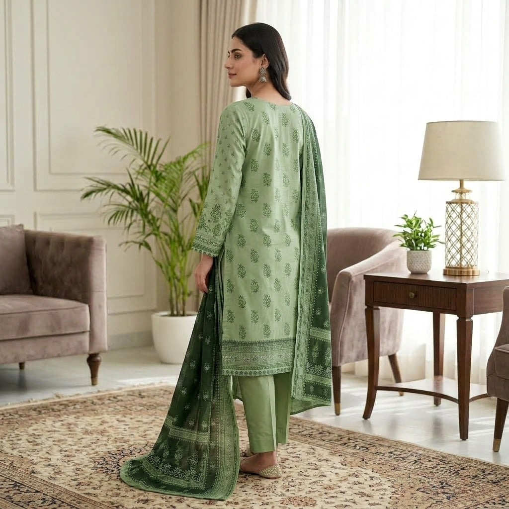 Unstitched Pistachio Green Printed Linen 3-Piece Suit