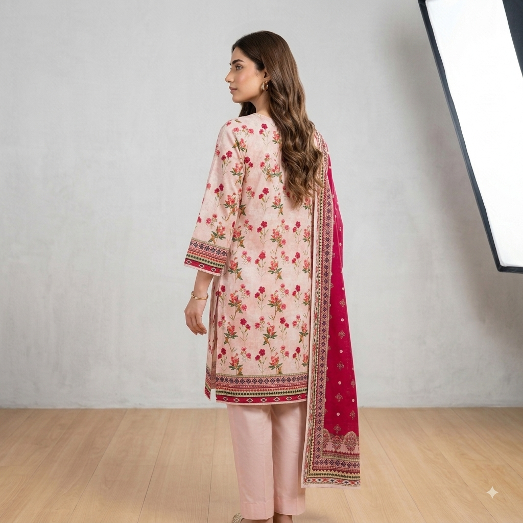 Unstitched Pink Floral Printed Lawn 3 Piece Unstitched Suit