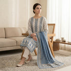 Unstitched Off-White & Powder Blue Printed Linen 3-Piece Suit