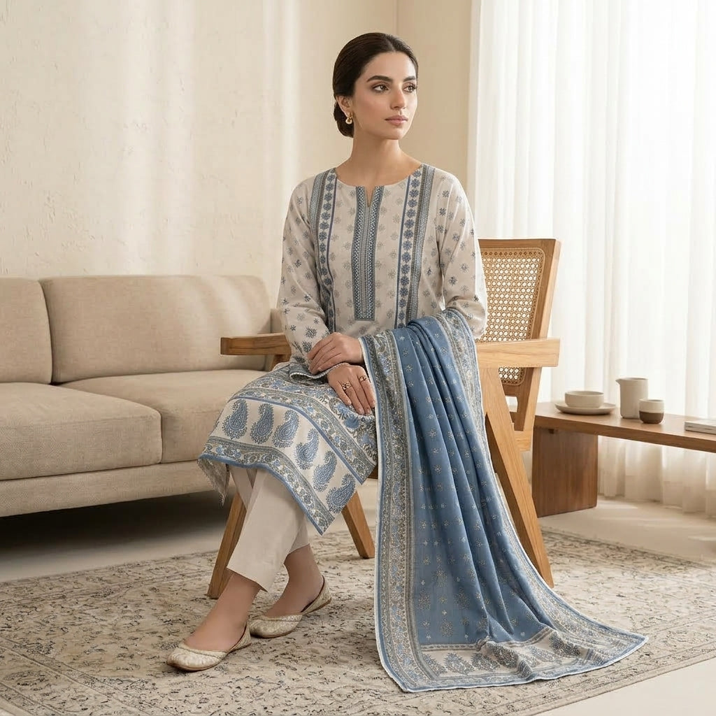 Unstitched Off-White & Powder Blue Printed Linen 3-Piece Suit