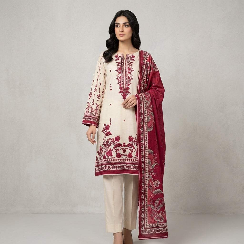 Unstitched Elegant Cream & Maroon Printed 3-Piece Suit