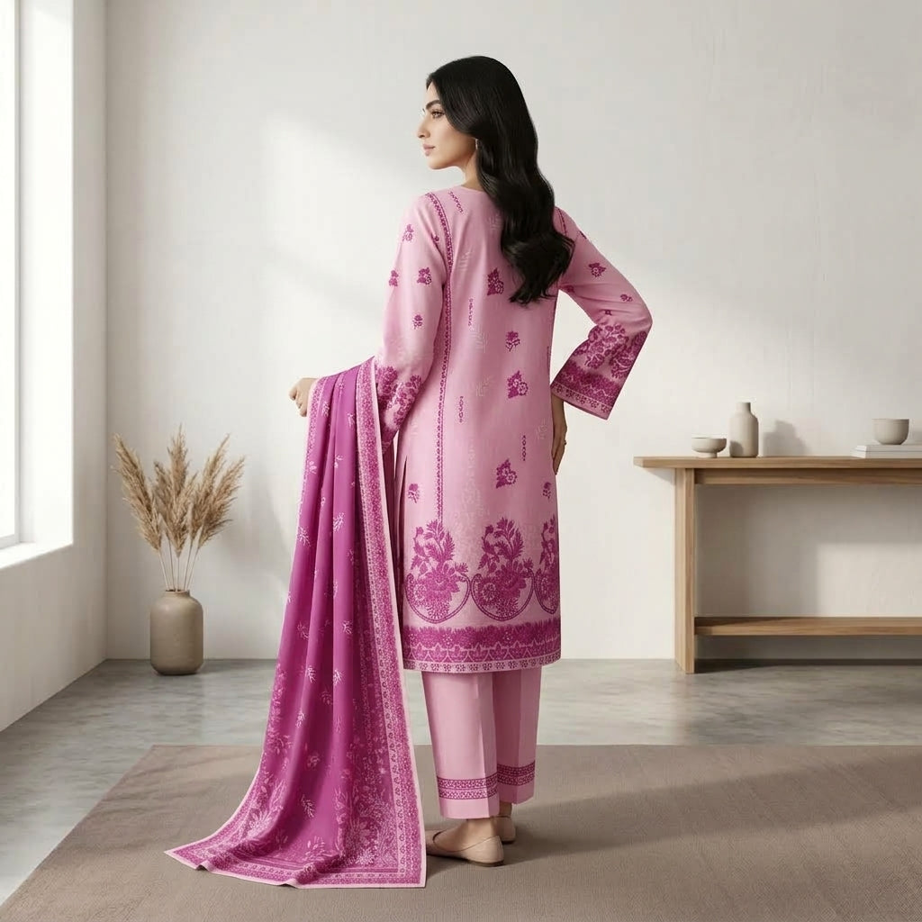 Unstitched Soft Pink Printed Linen 3-Piece Suit