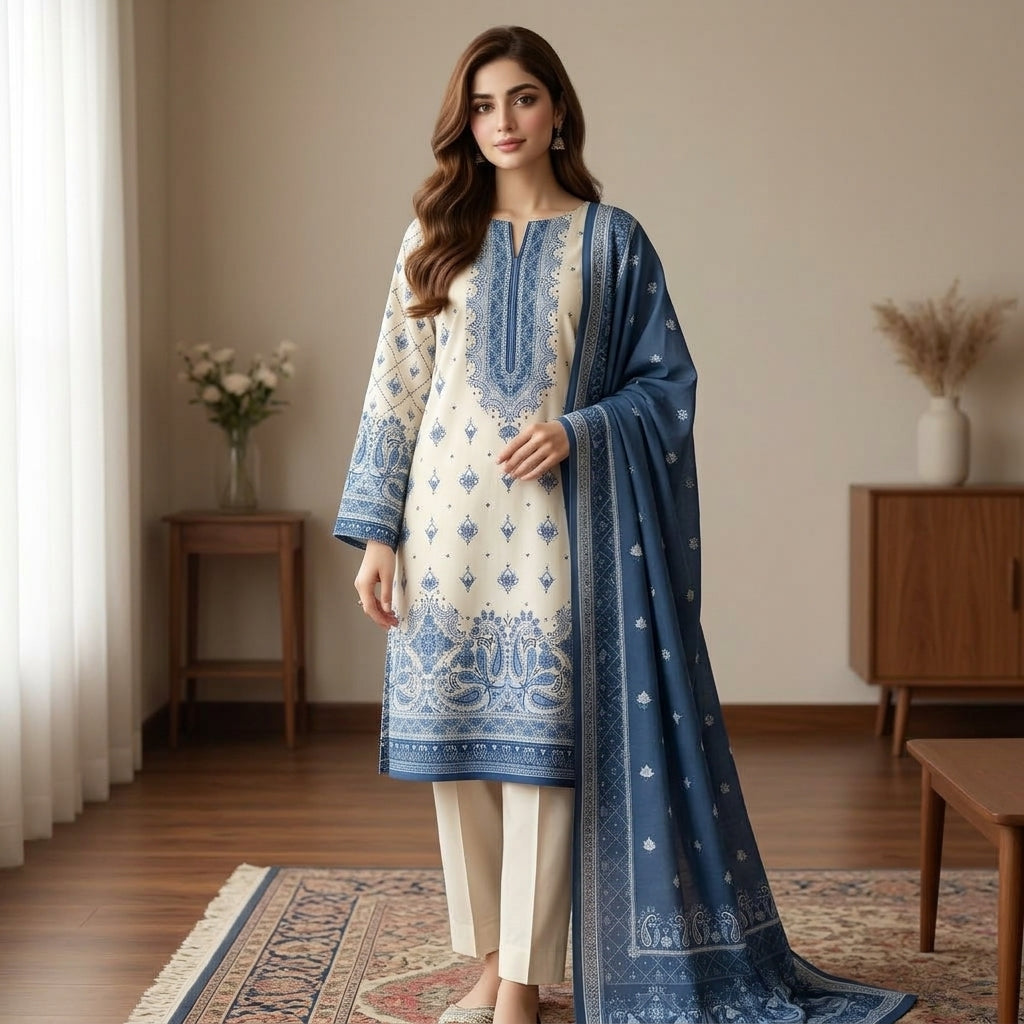 Unstitched Cream & Slate Blue Printed Linen 3-Piece Suit