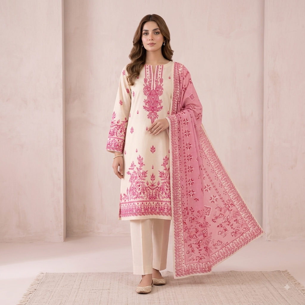 Unstitched Elegant Cream & Pink Printed 3-Piece Suit