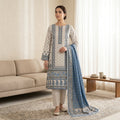 Unstitched Off-White & Powder Blue Printed Linen 3-Piece Suit