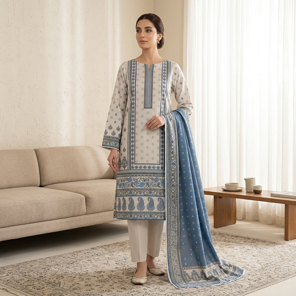 Unstitched Off-White & Powder Blue Printed Linen 3-Piece Suit