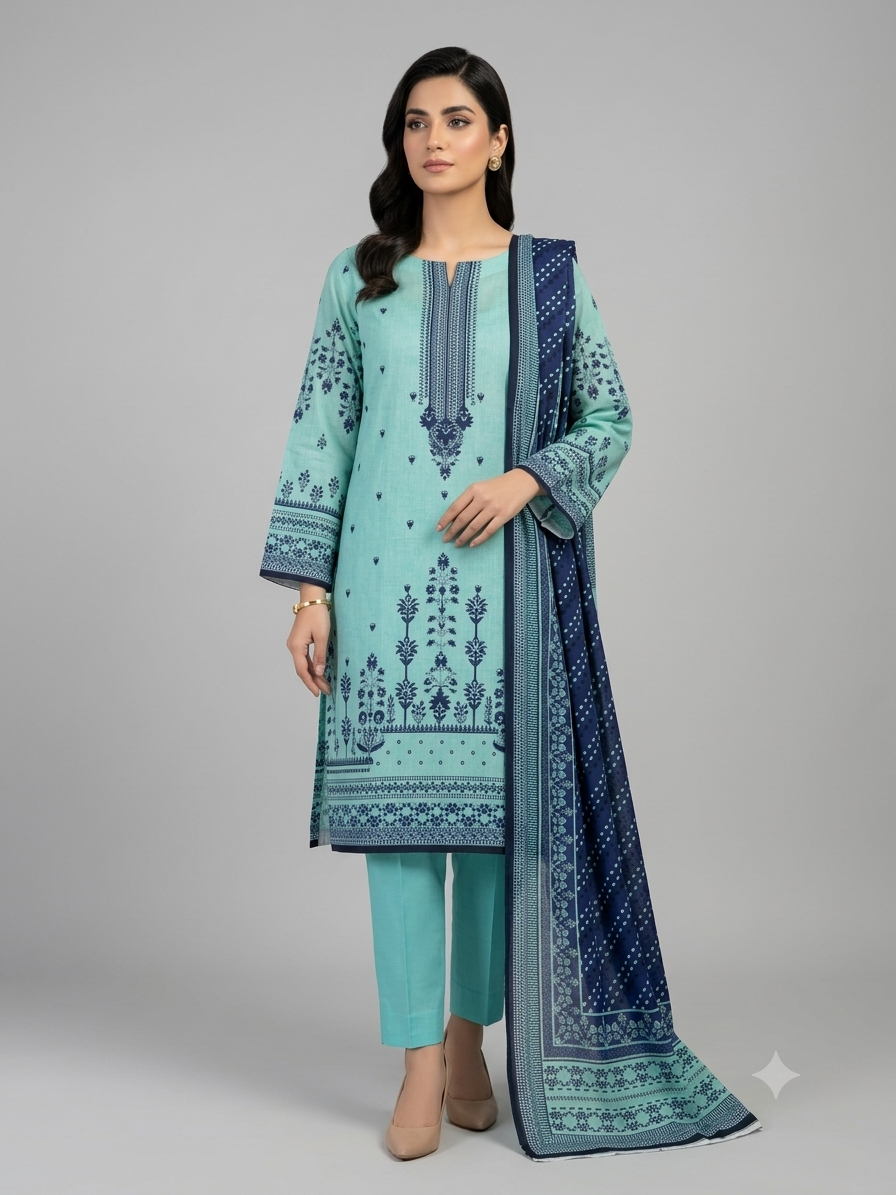 Unstitched Mint Blue & Navy Printed Lawn 3 Piece Suit