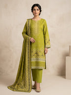 Unstitched Olive Green Printed 3 Piece Linen Suit