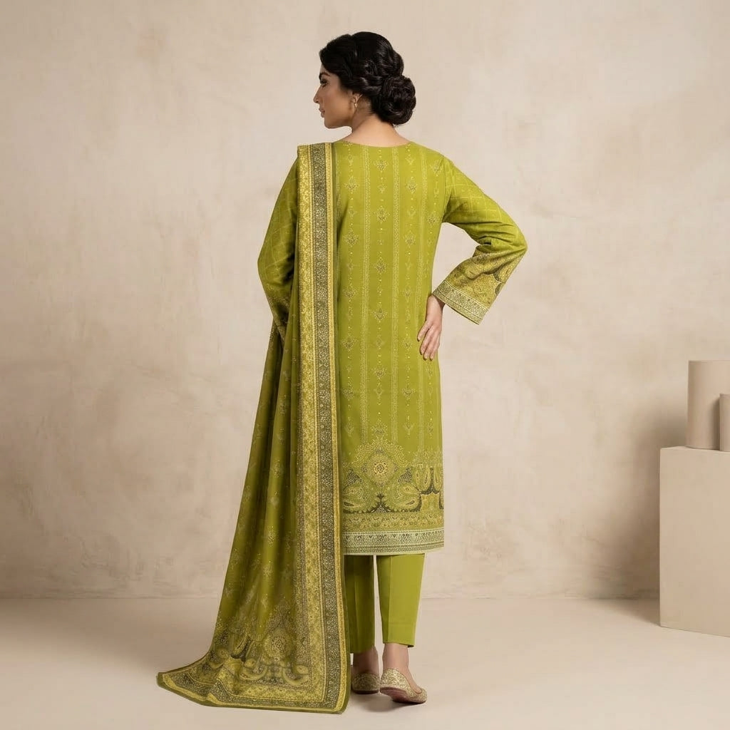 Unstitched Olive Green Printed 3 Piece Linen Suit